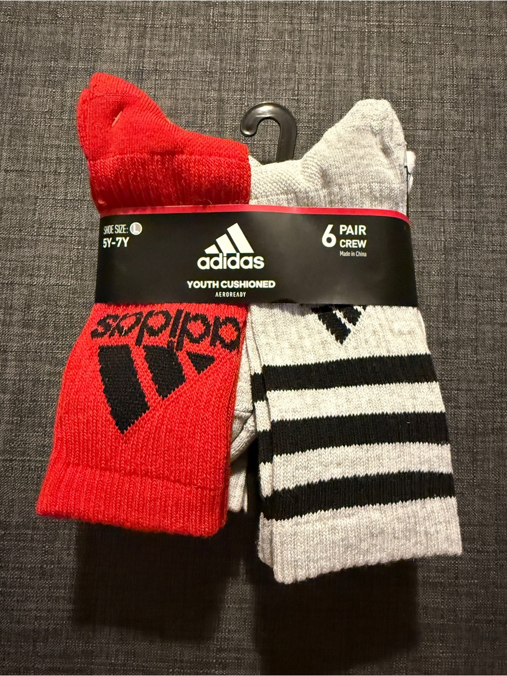 adidas Youth Cushioned Crew Socks - Red & Light Gray - 6 Pack